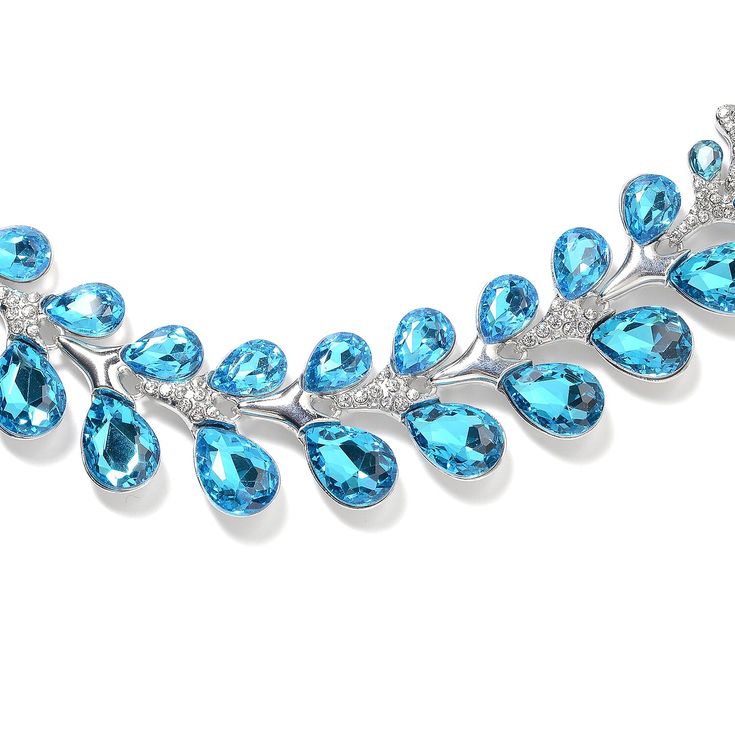 Simulated Blue Sapphire (Pear), White Austrian Crystal Necklace (Size 22 with 4 inch Extender)