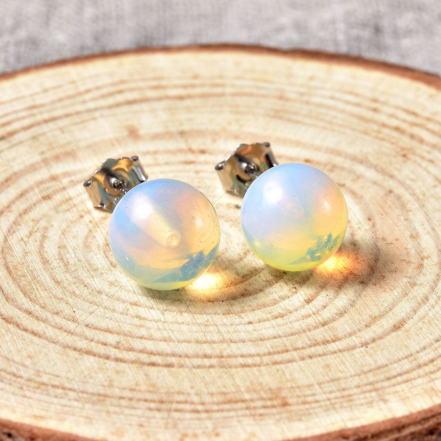 Opalite (Rnd) Beads Stud Earrings (with Push Back) in Rhodium Overlay Sterling Silver 7.00 Ct.