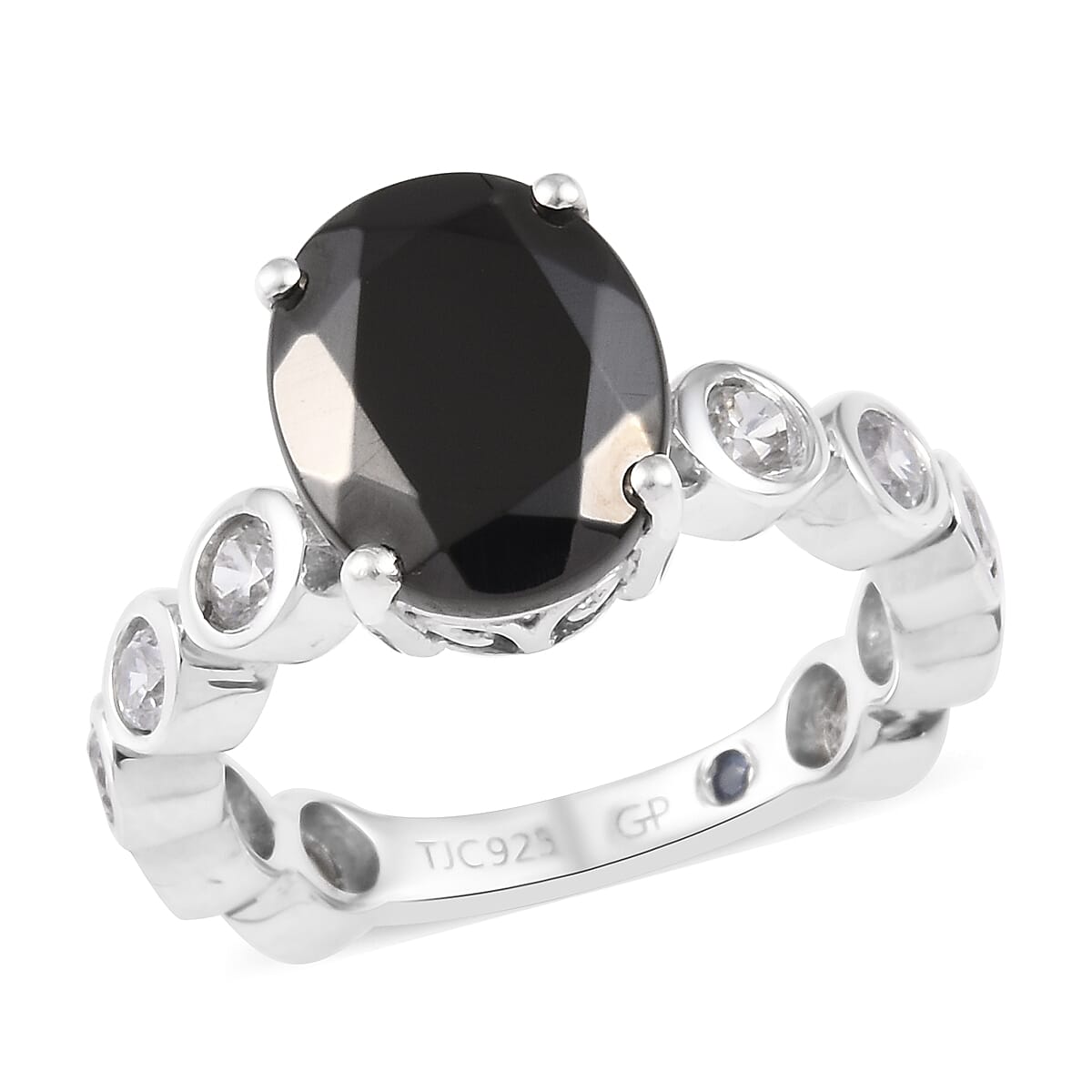 GP Elite Shungite (Ovl 11x9 mm), Natural Cambodian Zircon and Blue Sapphire Ring in Platinum Overlay Sterling Silver 3.50 Ct.