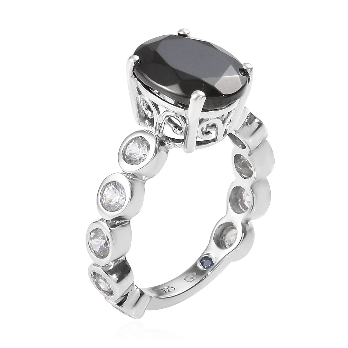 GP Elite Shungite (Ovl 11x9 mm), Natural Cambodian Zircon and Blue Sapphire Ring in Platinum Overlay Sterling Silver 3.50 Ct.