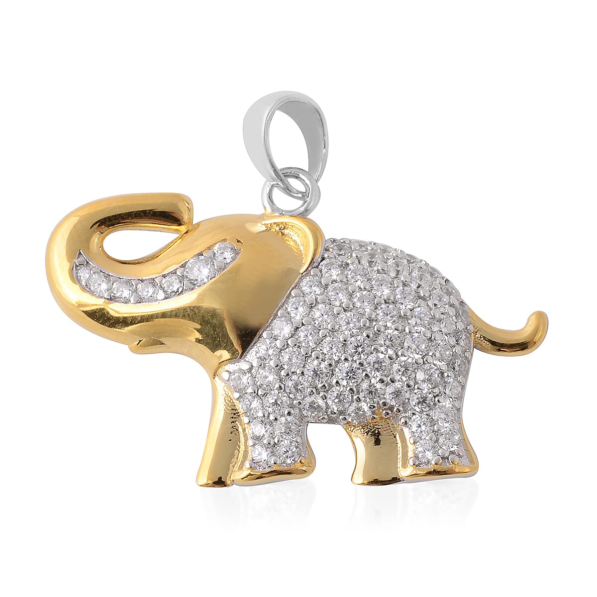 ELANZA Simulated Diamond (Rnd) Elephant Pendant in Rhodium and Yellow Gold Overlay Sterling Silver