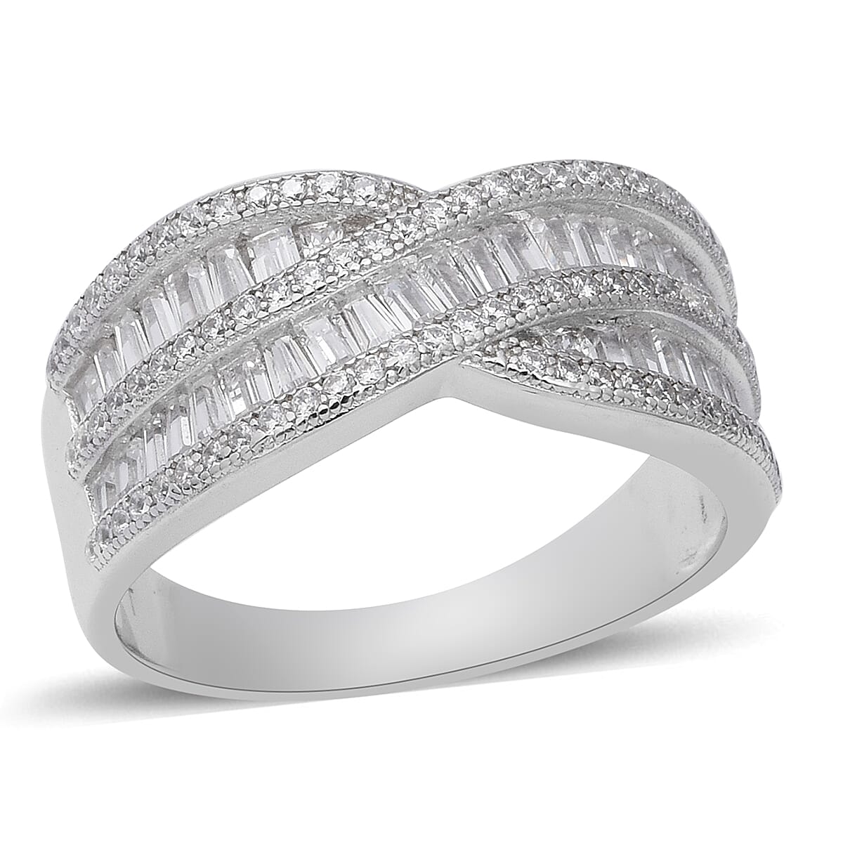 ELANZA Simulated Diamond (Rnd and Bgt) Crossover Ring in Rhodium Overlay Sterling Silver