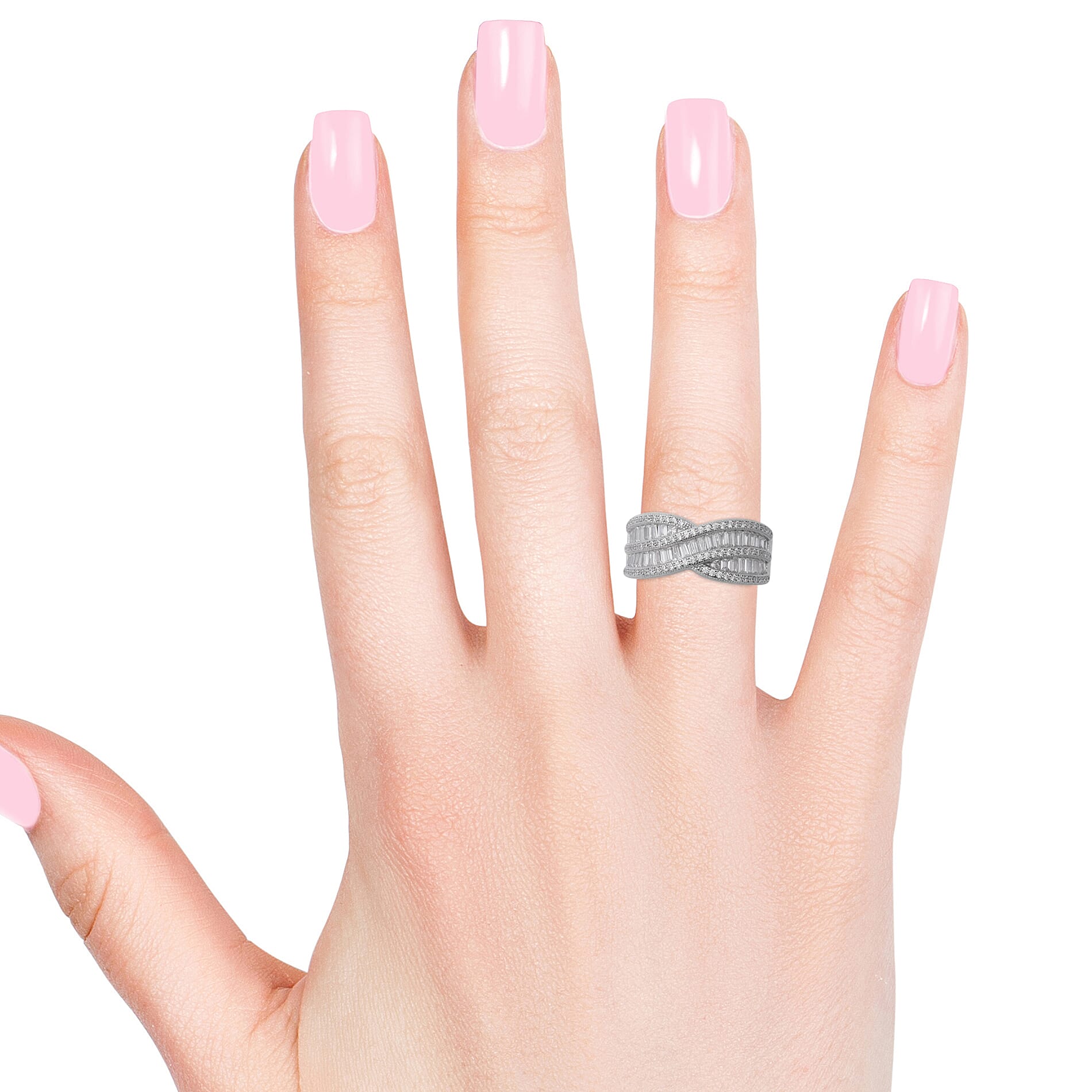 ELANZA Simulated Diamond (Rnd and Bgt) Crossover Ring in Rhodium Overlay Sterling Silver