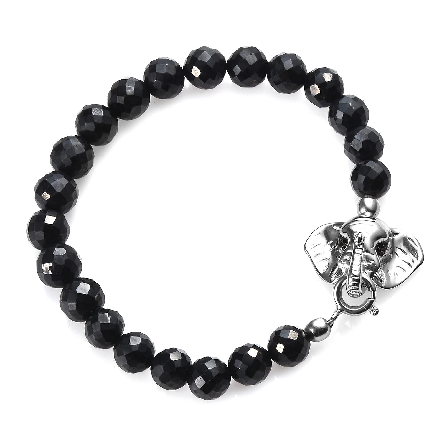 Natural Boi Ploi Black Spinel (Rnd) Elephant Head Bracelet (Size 7.5) in Platinum Overlay Sterling Silver 106.50 Ct.