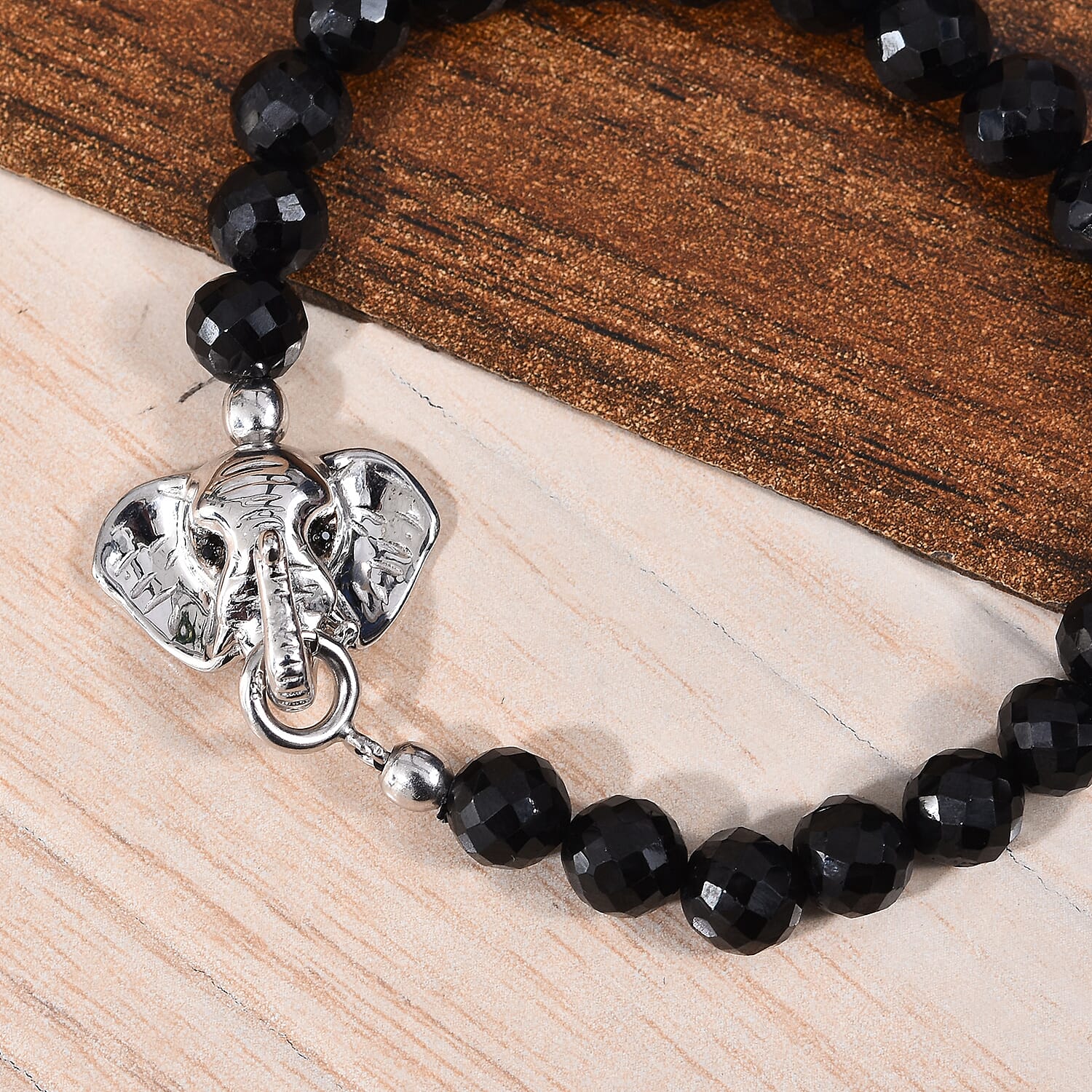 Natural Boi Ploi Black Spinel (Rnd) Elephant Head Bracelet (Size 7.5) in Platinum Overlay Sterling Silver 106.50 Ct.