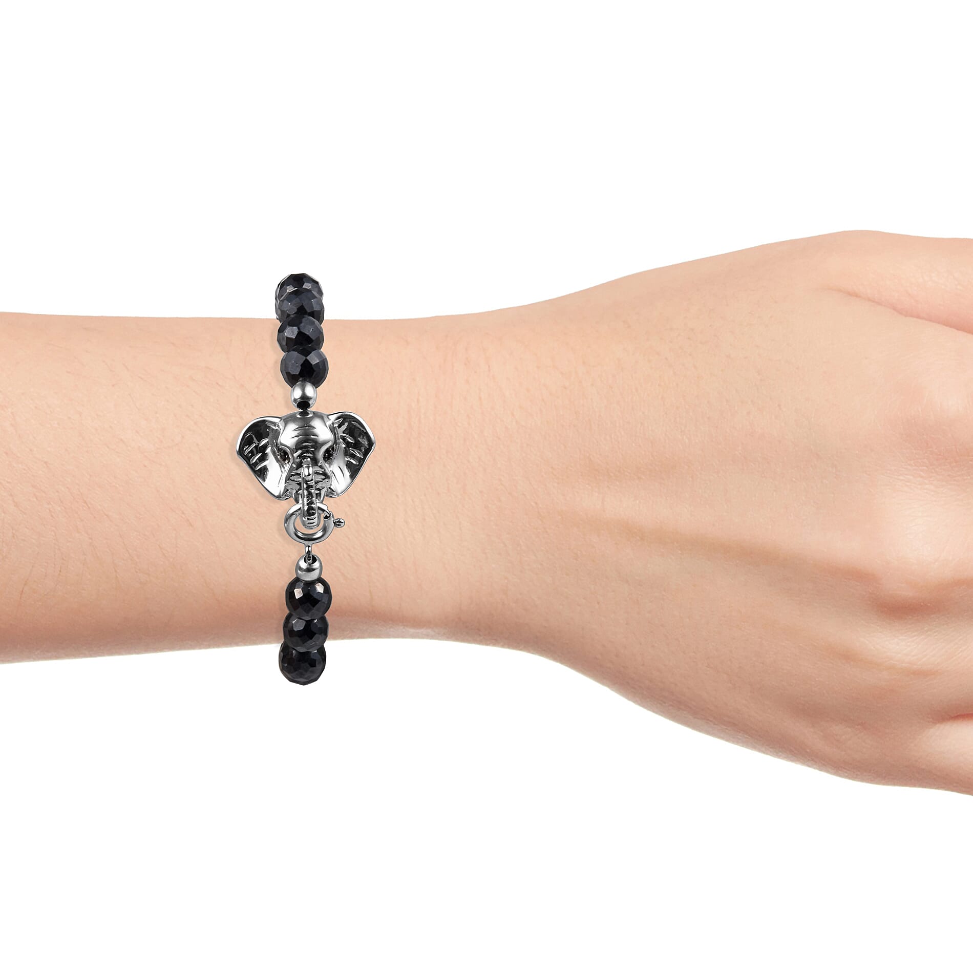 Natural Boi Ploi Black Spinel (Rnd) Elephant Head Bracelet (Size 7.5) in Platinum Overlay Sterling Silver 106.50 Ct.