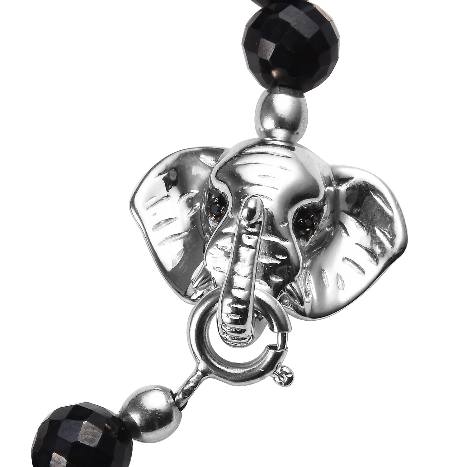 Natural Boi Ploi Black Spinel (Rnd) Elephant Head Bracelet (Size 7.5) in Platinum Overlay Sterling Silver 106.50 Ct.