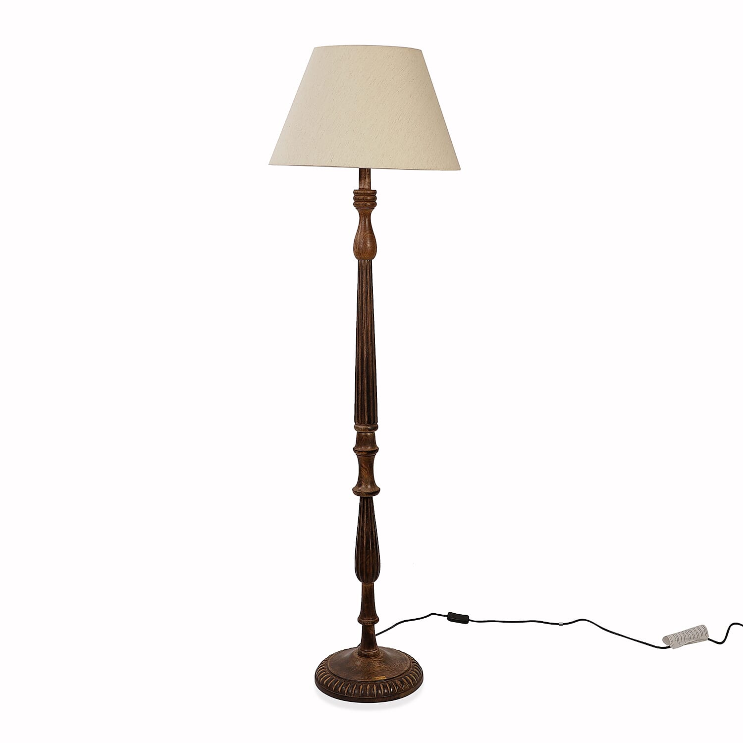 NAKKASHI - CE Certified Hand Carved Mango Wood Floor Lamp with Shade and 3 Pin UK Plug (Shade Size 25x45x28 Cm)