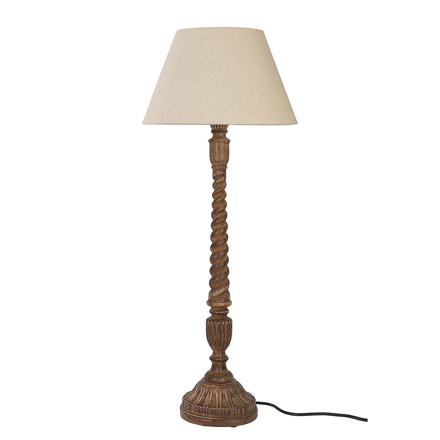 Hand Carved Wooden Table Lamp with Certified Cord Set (Size Shade: 23x30x21 Cm, Base: 14.5x14.5x63 Cm)