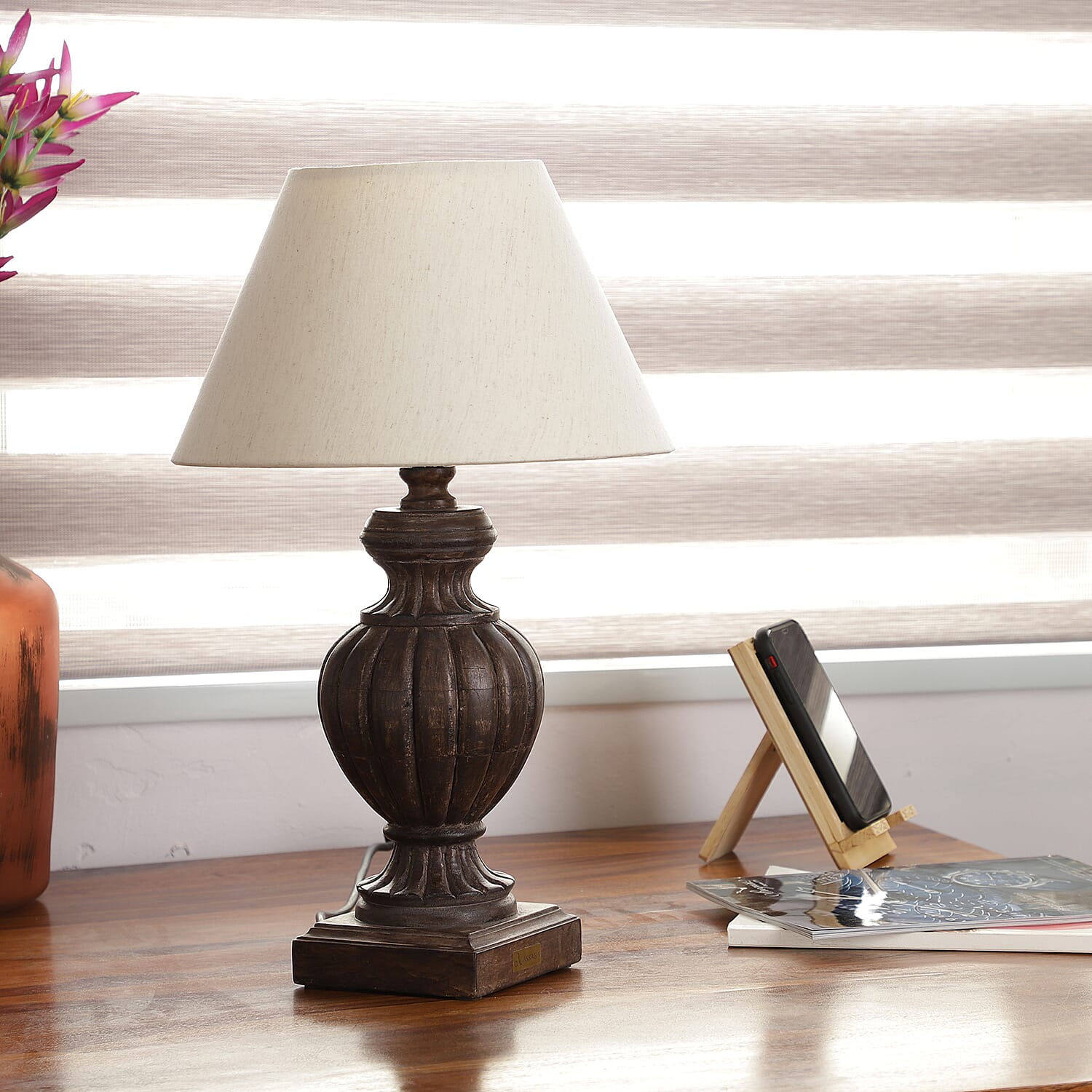 NAKKASHI - Hand Carved Wooden Table Lamp with Certified Cord Set (Size Shade: 15x30x18 Cm, Base: 12.5x12.5x36 Cm)