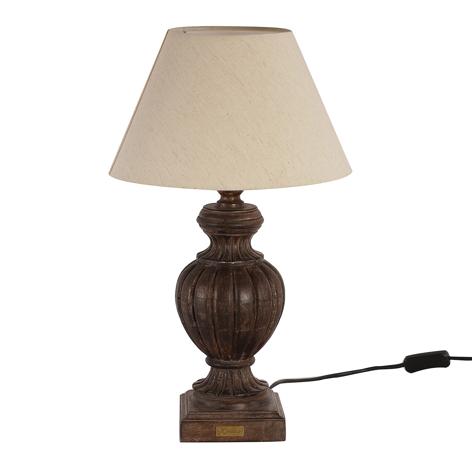 NAKKASHI - Hand Carved Wooden Table Lamp with Certified Cord Set (Size Shade: 15x30x18 Cm, Base: 12.5x12.5x36 Cm)