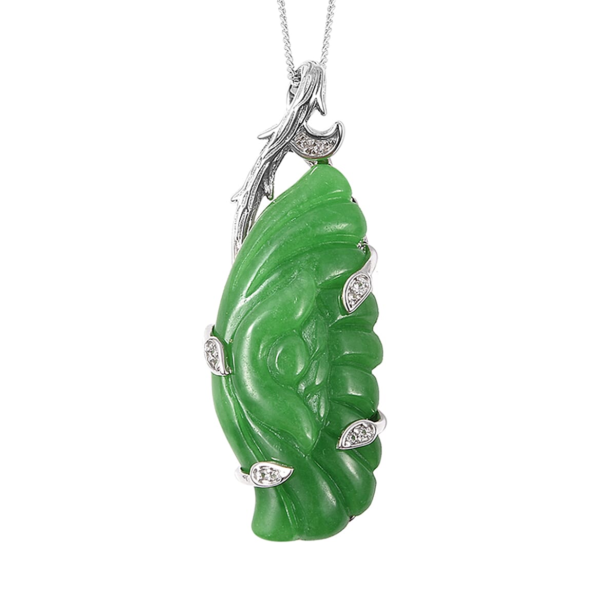 Carved Green Jade, Natural Cambodian Zircon Angel Wing  Pendant with Chain (Size 18) in Rhodium Overlay Sterling Silver 22.57 Ct.