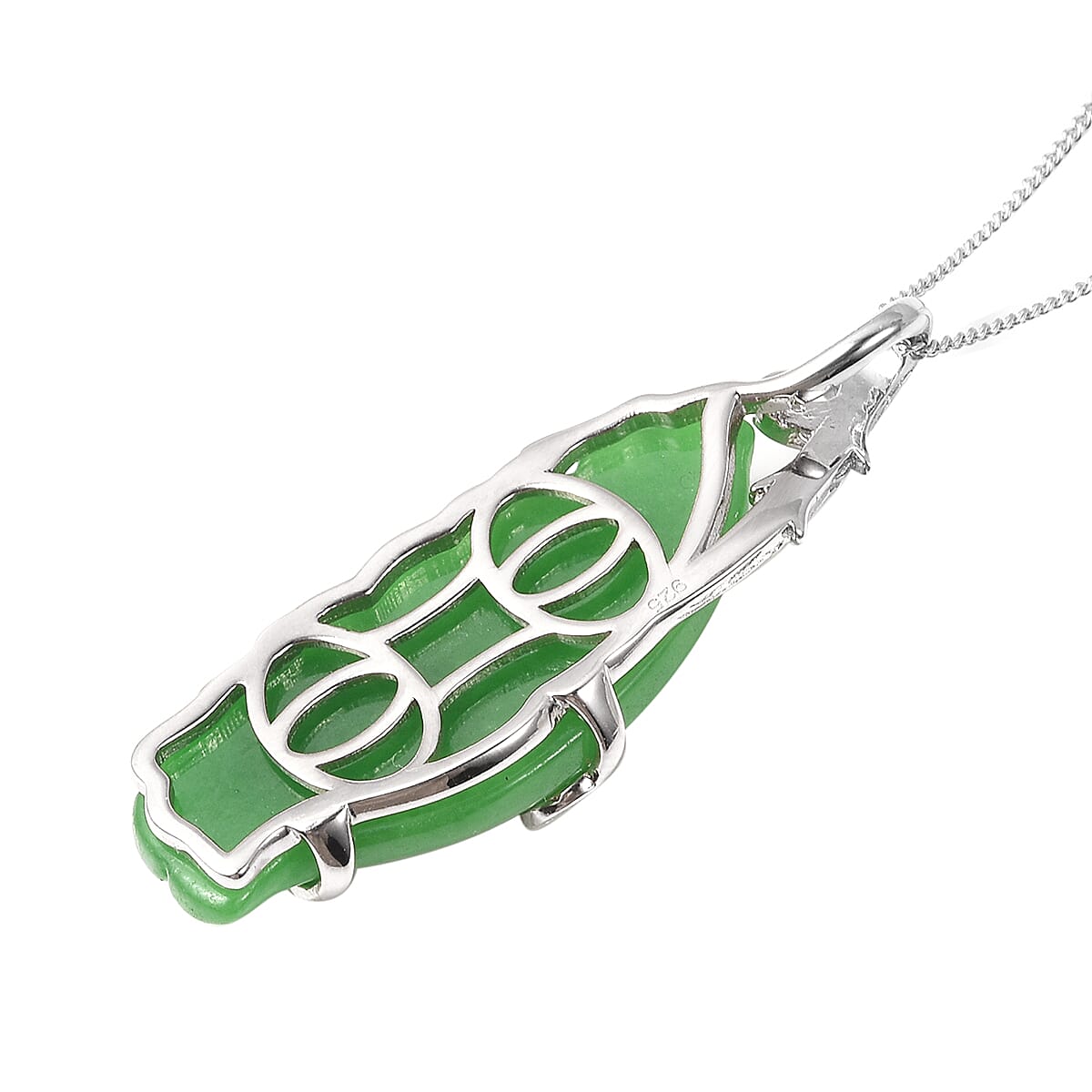 Carved Green Jade, Natural Cambodian Zircon Angel Wing  Pendant with Chain (Size 18) in Rhodium Overlay Sterling Silver 22.57 Ct.