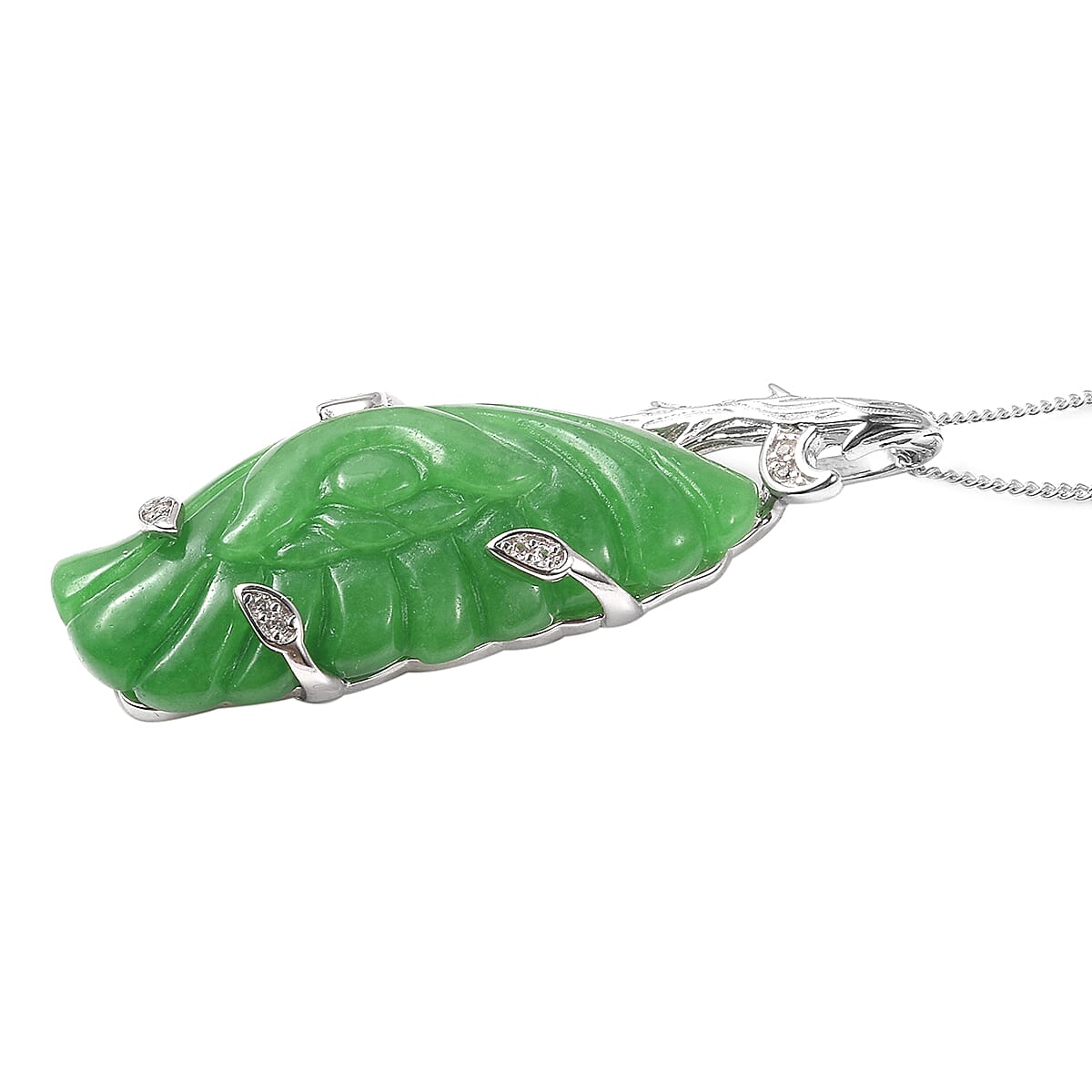 Carved Green Jade, Natural Cambodian Zircon Angel Wing  Pendant with Chain (Size 18) in Rhodium Overlay Sterling Silver 22.57 Ct.