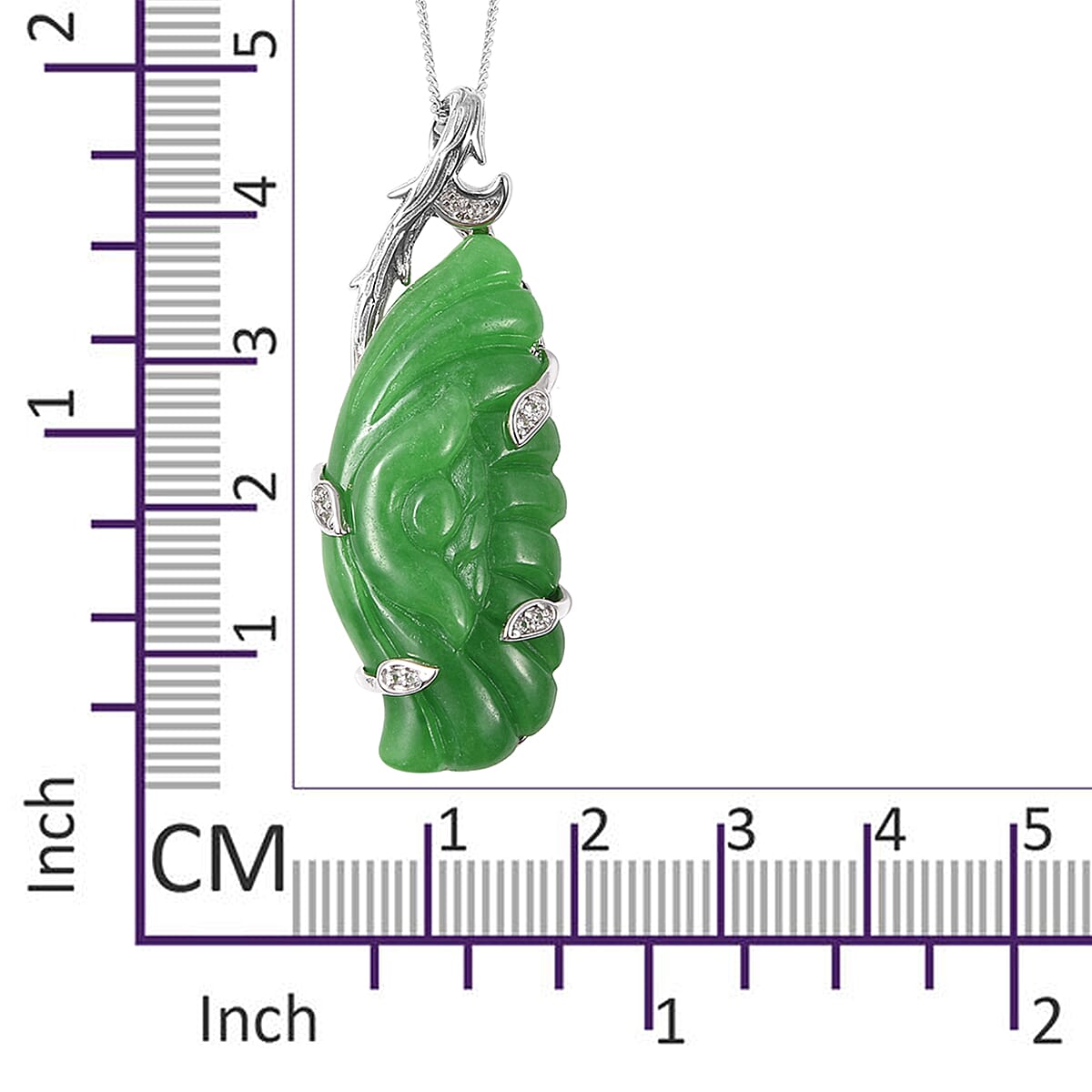 Carved Green Jade, Natural Cambodian Zircon Angel Wing  Pendant with Chain (Size 18) in Rhodium Overlay Sterling Silver 22.57 Ct.