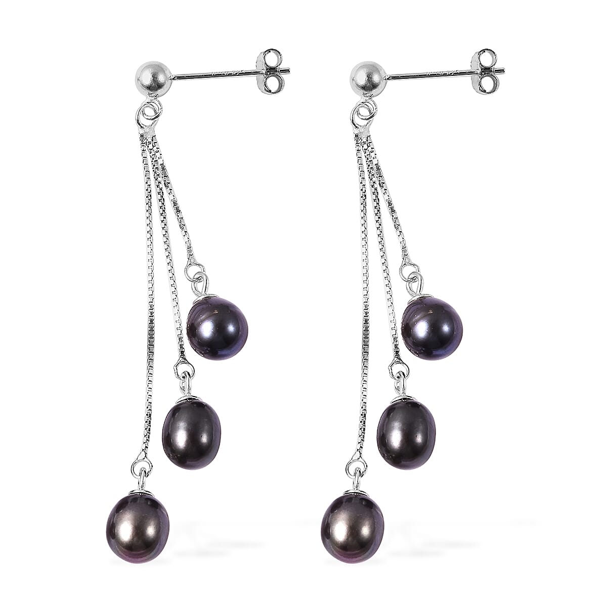 Freshwater Peacock Pearl (Rnd) Dangle Earrings (with Push Back) in Rhodium Overlay Sterling Silver