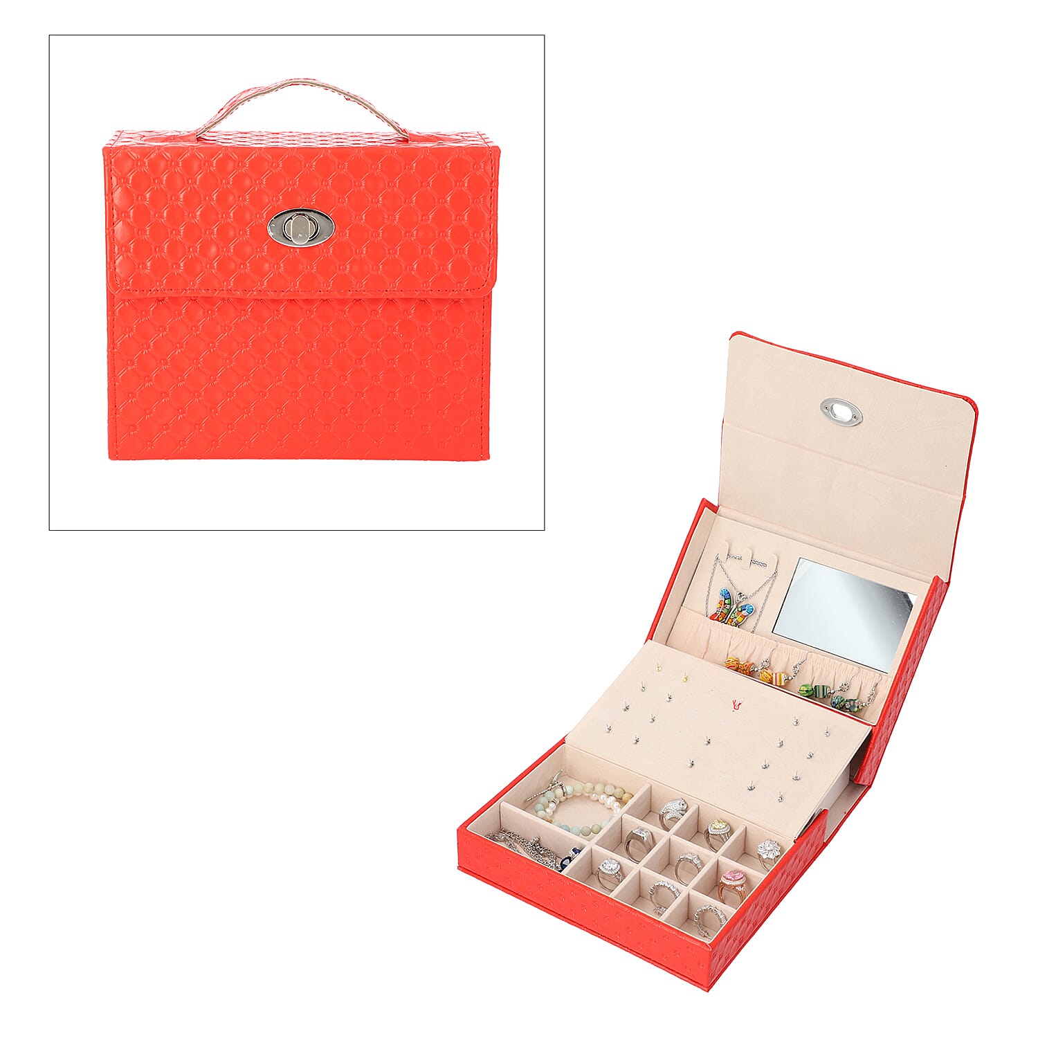 Embossed Quilted Pattern Handbag Style Anti-Tarnish Jewellery Organizer with Inside Mirror and Oval Twist Lock (Size- 22X7.5X18 cm) - Red