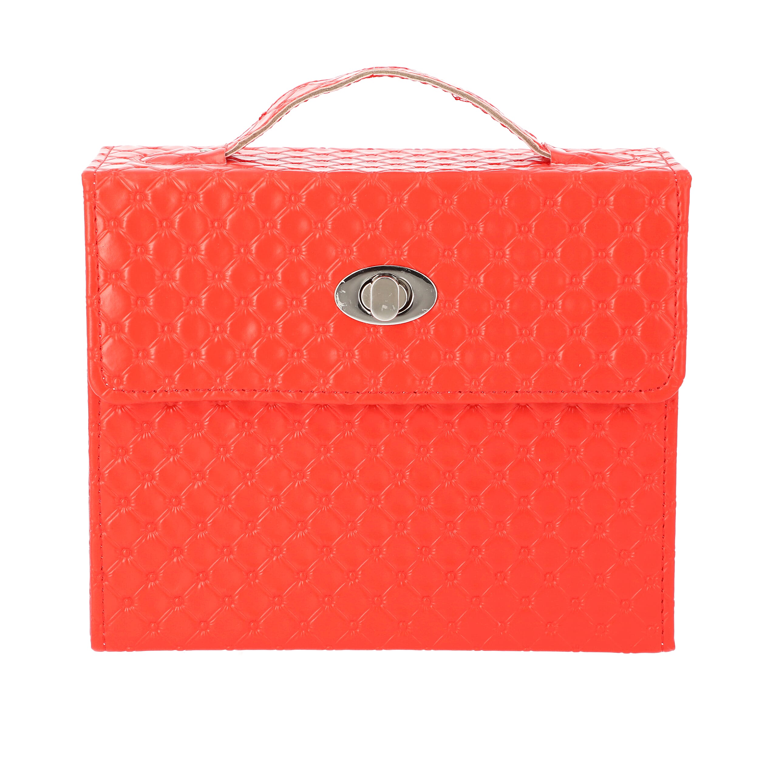 Embossed Quilted Pattern Handbag Style Anti-Tarnish Jewellery Organizer with Inside Mirror and Oval Twist Lock (Size- 22X7.5X18 cm) - Red
