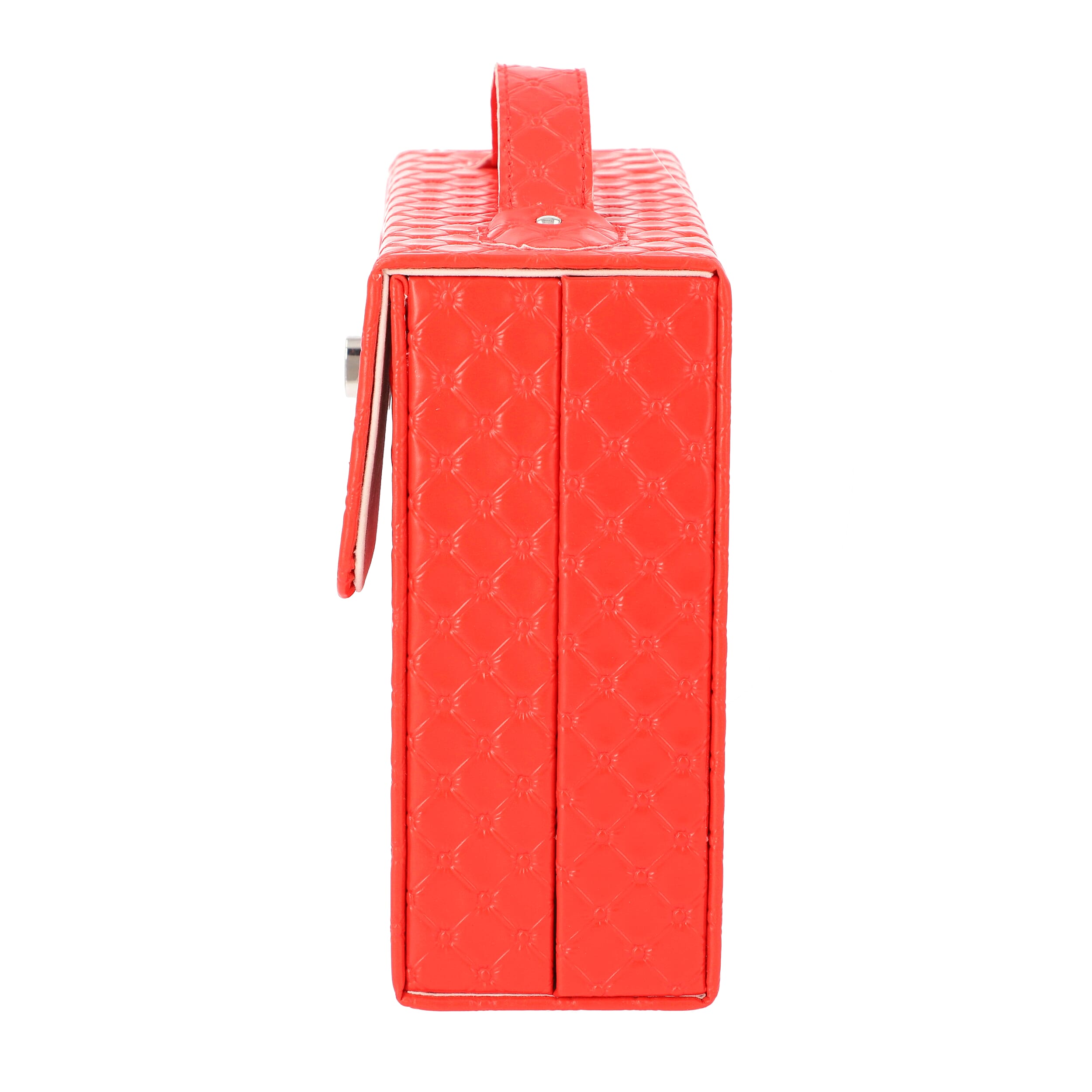 Embossed Quilted Pattern Handbag Style Anti-Tarnish Jewellery Organizer with Inside Mirror and Oval Twist Lock (Size- 22X7.5X18 cm) - Red