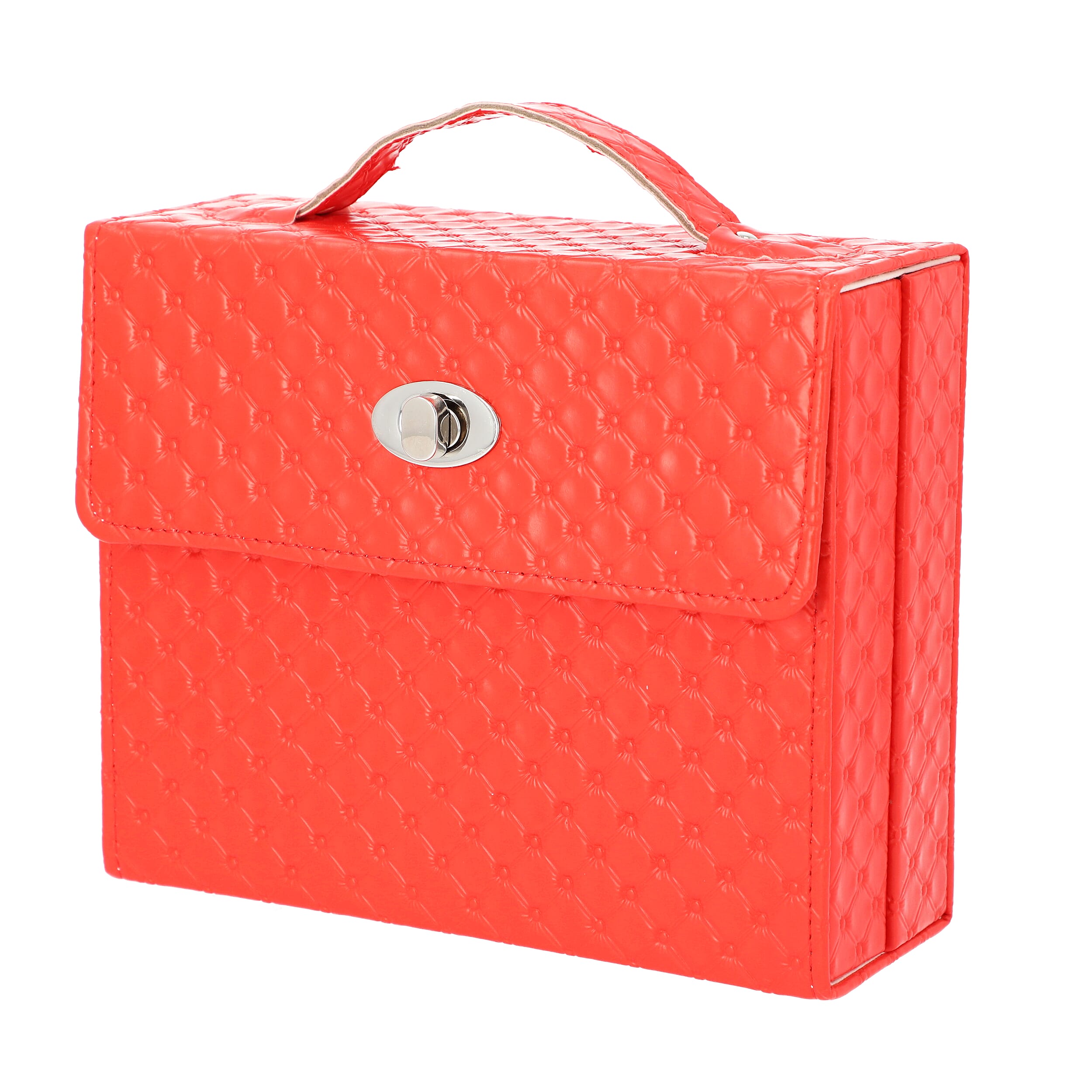 Embossed Quilted Pattern Handbag Style Anti-Tarnish Jewellery Organizer with Inside Mirror and Oval Twist Lock (Size- 22X7.5X18 cm) - Red