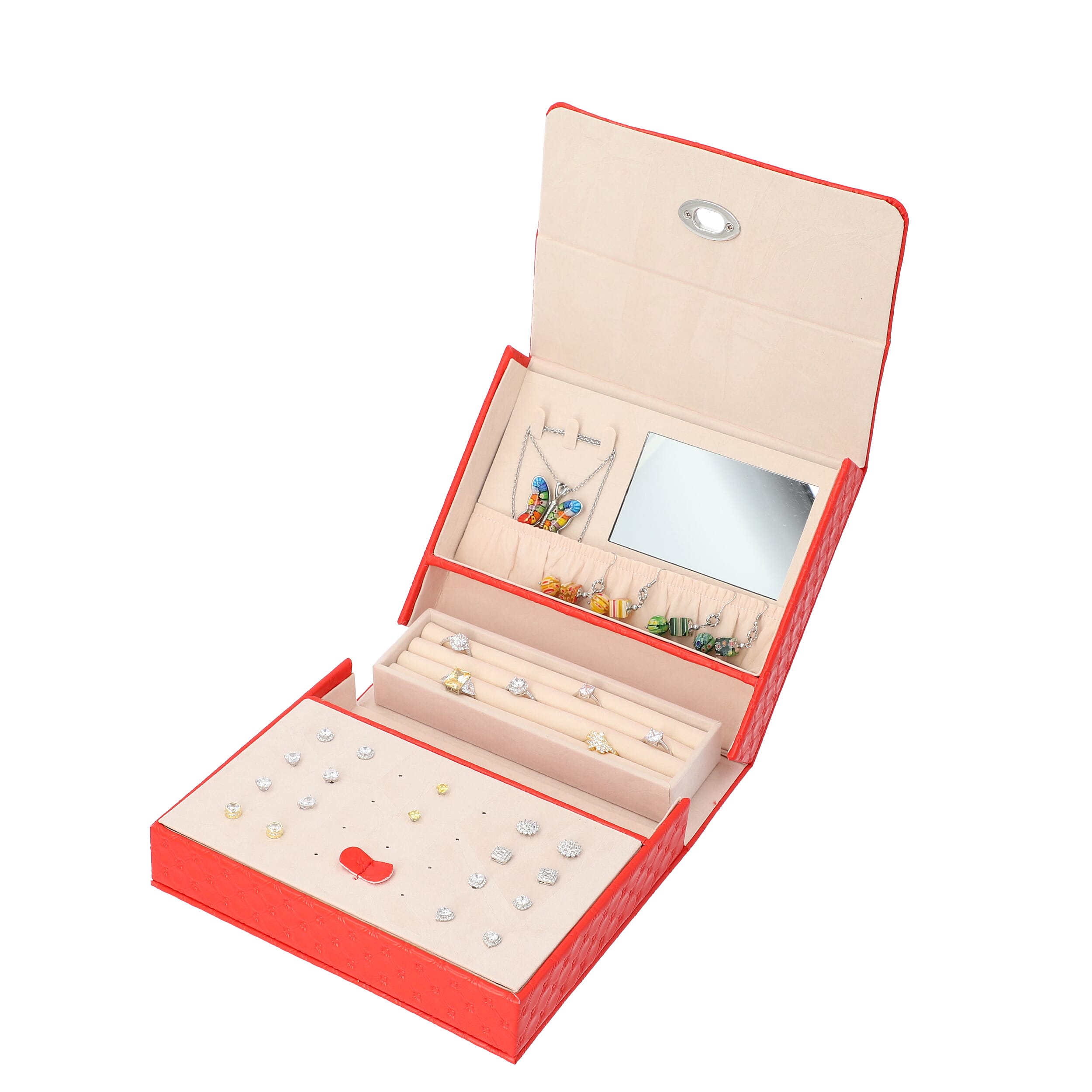 Embossed Quilted Pattern Handbag Style Anti-Tarnish Jewellery Organizer with Inside Mirror and Oval Twist Lock (Size- 22X7.5X18 cm) - Red