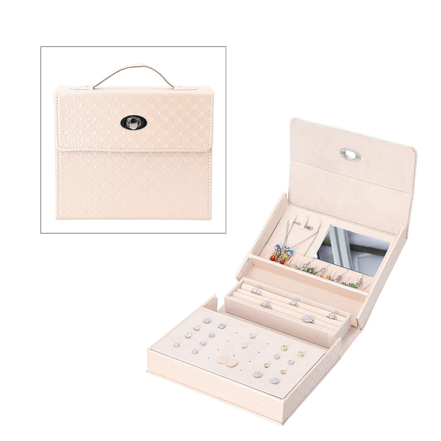 Embossed Quilted Pattern Handbag Style Anti-Tarnish Jewellery Organizer with Inside Mirror and Oval Twist Lock (Size- 22X7.5X18 cm) - Cream