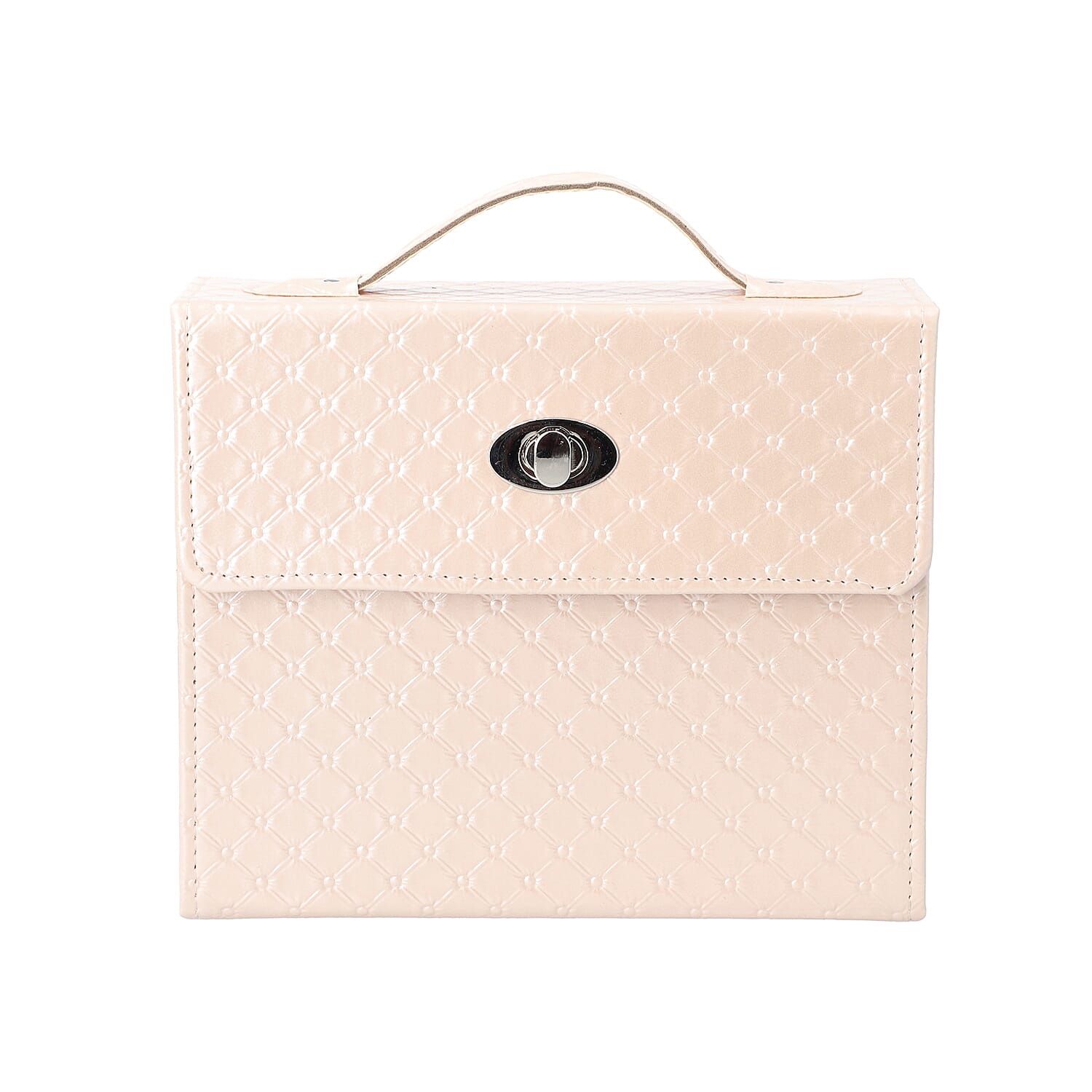 Embossed Quilted Pattern Handbag Style Anti-Tarnish Jewellery Organizer with Inside Mirror and Oval Twist Lock (Size- 22X7.5X18 cm) - Cream