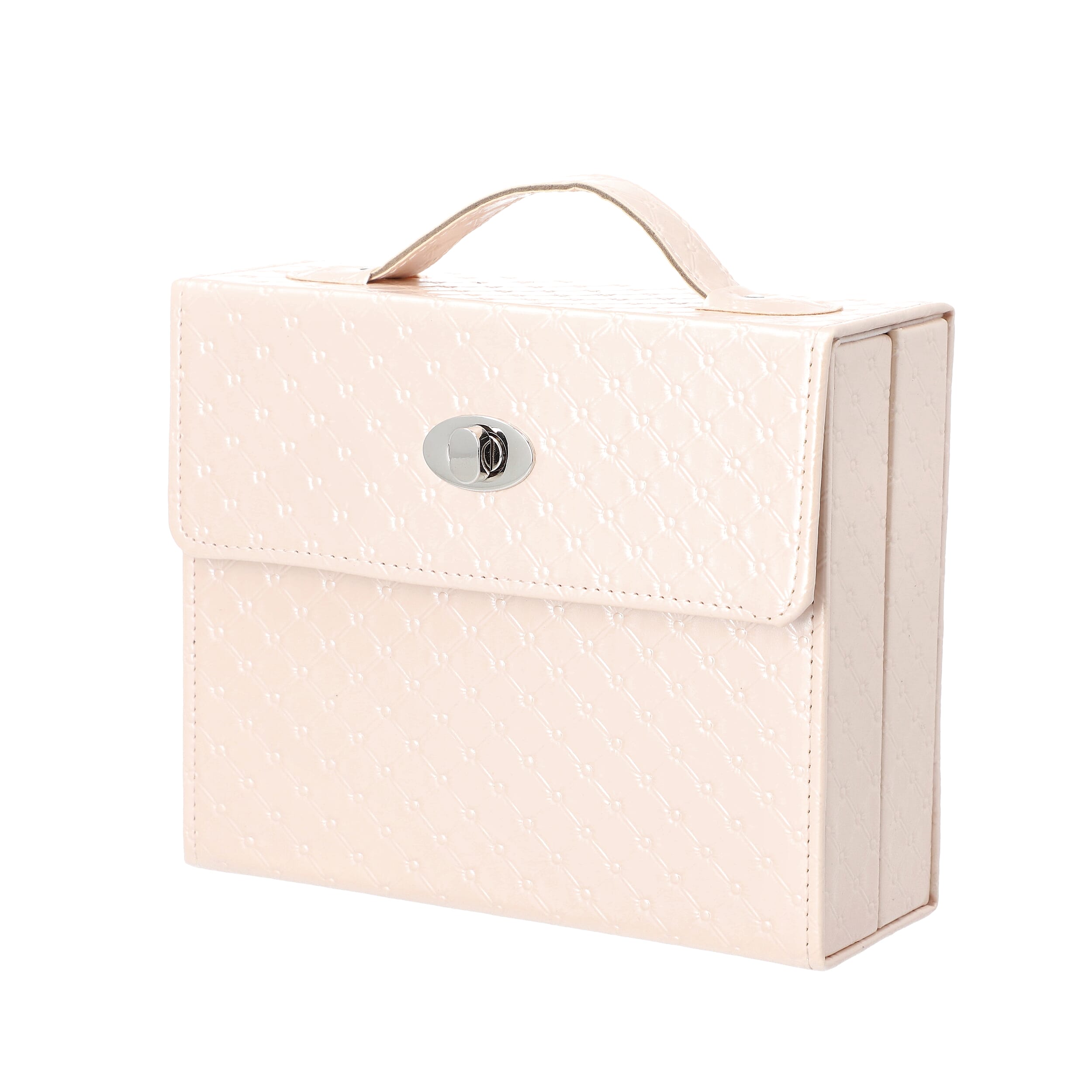 Embossed Quilted Pattern Handbag Style Anti-Tarnish Jewellery Organizer with Inside Mirror and Oval Twist Lock (Size- 22X7.5X18 cm) - Cream