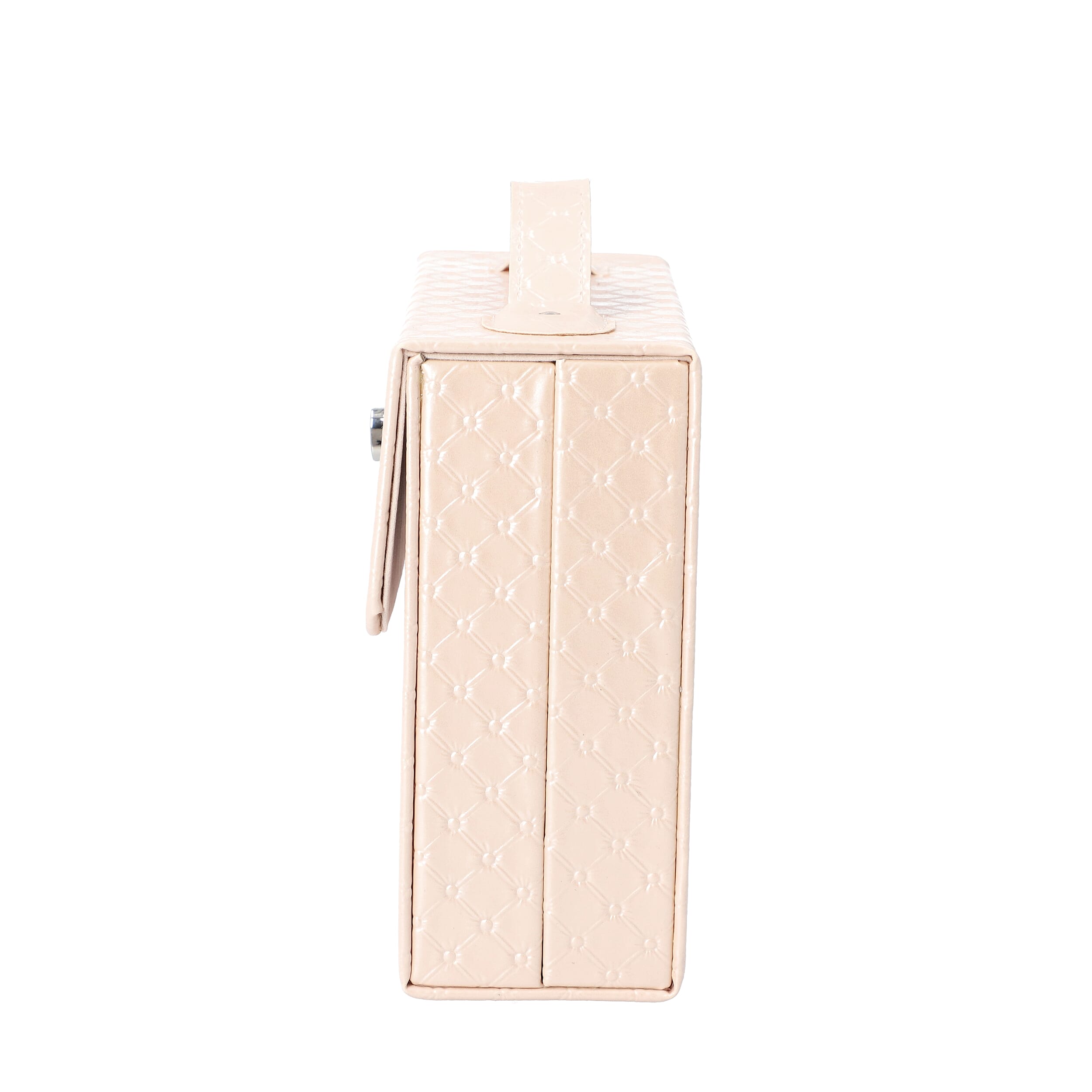 Embossed Quilted Pattern Handbag Style Anti-Tarnish Jewellery Organizer with Inside Mirror and Oval Twist Lock (Size- 22X7.5X18 cm) - Cream