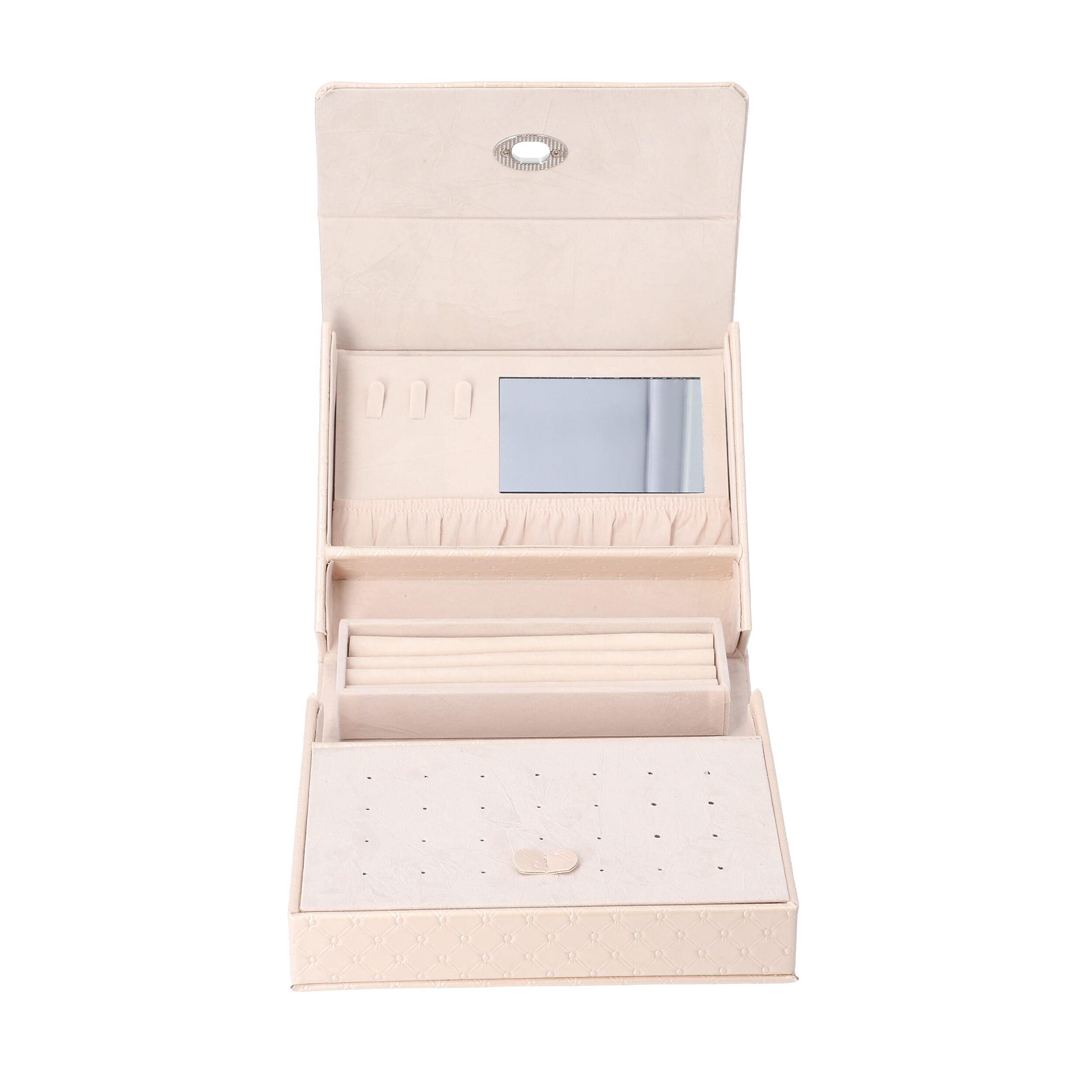 Embossed Quilted Pattern Handbag Style Anti-Tarnish Jewellery Organizer with Inside Mirror and Oval Twist Lock (Size- 22X7.5X18 cm) - Cream