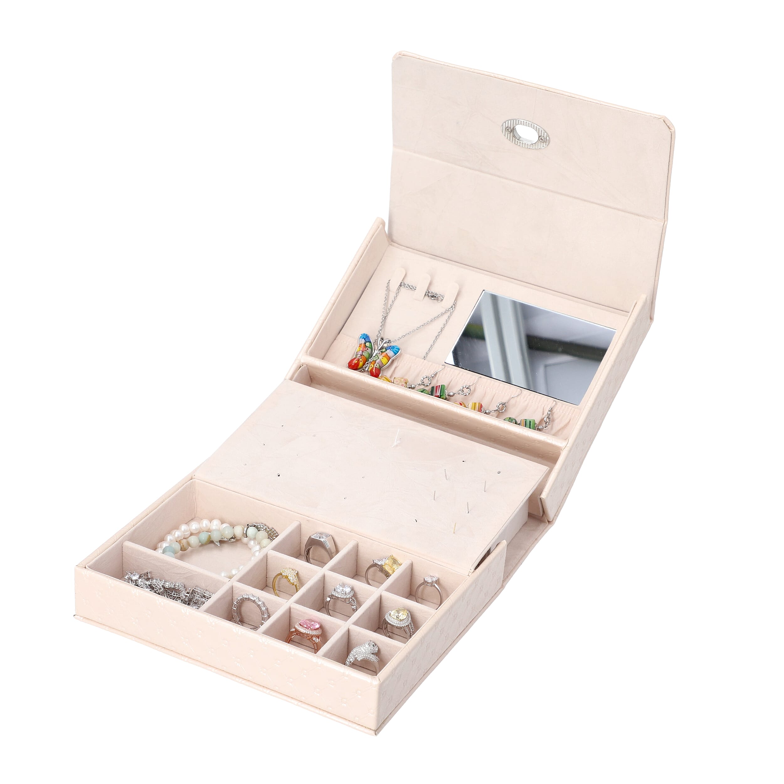 Embossed Quilted Pattern Handbag Style Anti-Tarnish Jewellery Organizer with Inside Mirror and Oval Twist Lock (Size- 22X7.5X18 cm) - Cream