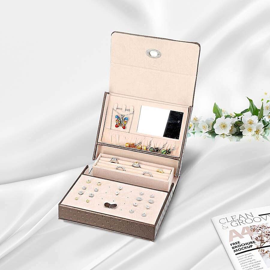 Embossed Quilted Pattern Handbag Style Anti-Tarnish Jewellery Organizer with Inside Mirror and Oval Twist Lock (Size- 22X7.5X18 cm) - Dark Chocolate Colour