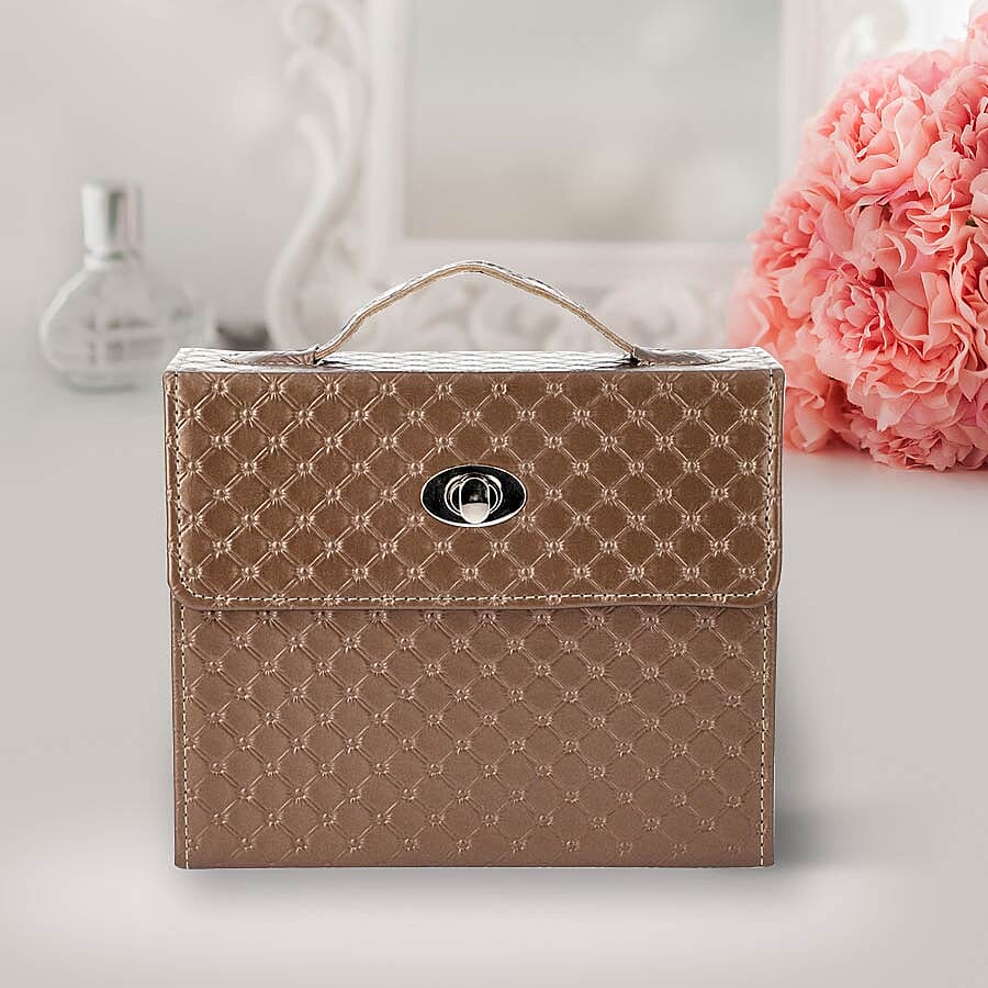 Embossed Quilted Pattern Handbag Style Anti-Tarnish Jewellery Organizer with Inside Mirror and Oval Twist Lock (Size- 22X7.5X18 cm) - Dark Chocolate Colour
