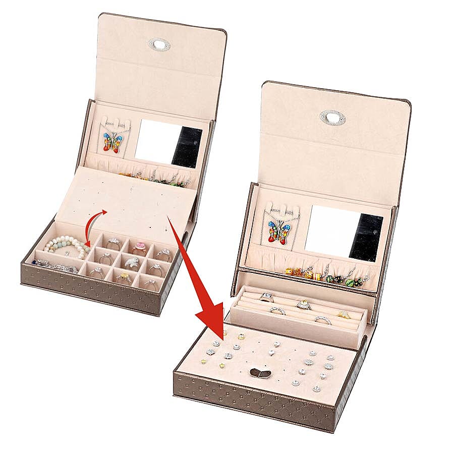 Embossed Quilted Pattern Handbag Style Anti-Tarnish Jewellery Organizer with Inside Mirror and Oval Twist Lock (Size- 22X7.5X18 cm) - Dark Chocolate Colour