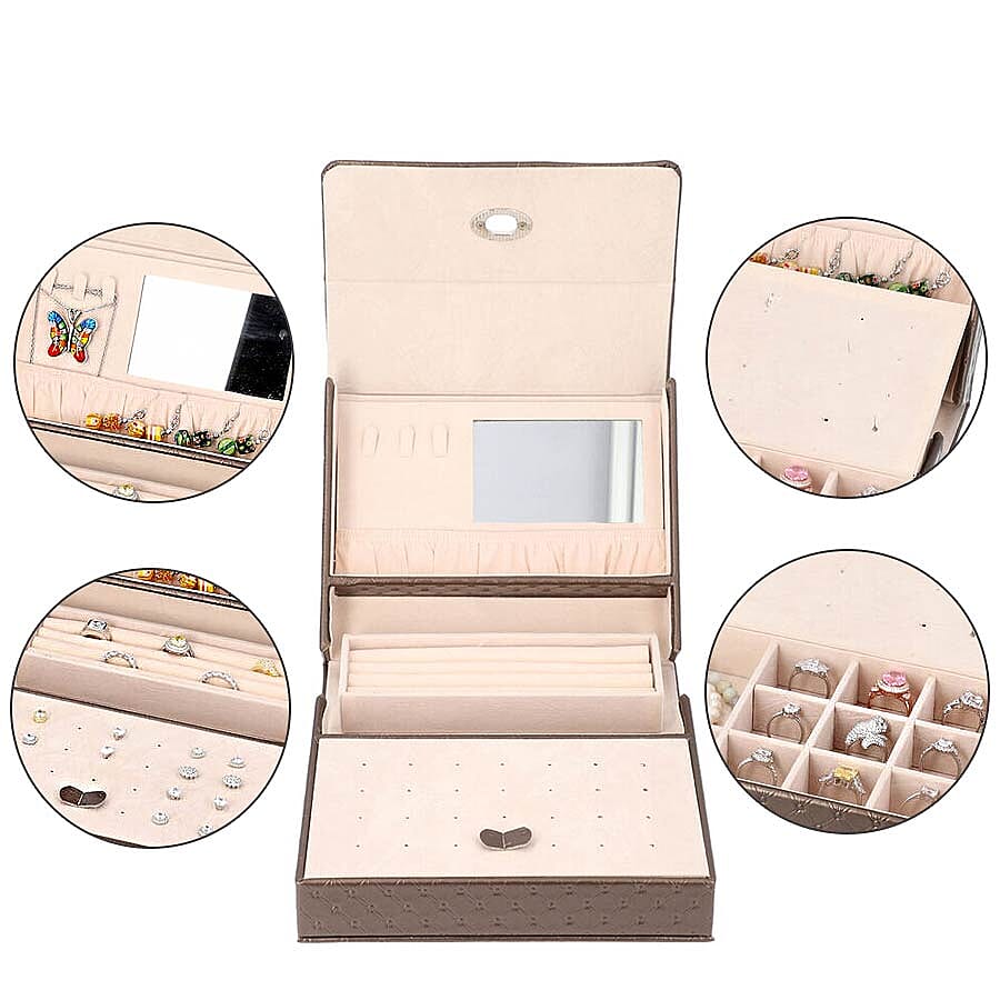 Embossed Quilted Pattern Handbag Style Anti-Tarnish Jewellery Organizer with Inside Mirror and Oval Twist Lock (Size- 22X7.5X18 cm) - Dark Chocolate Colour