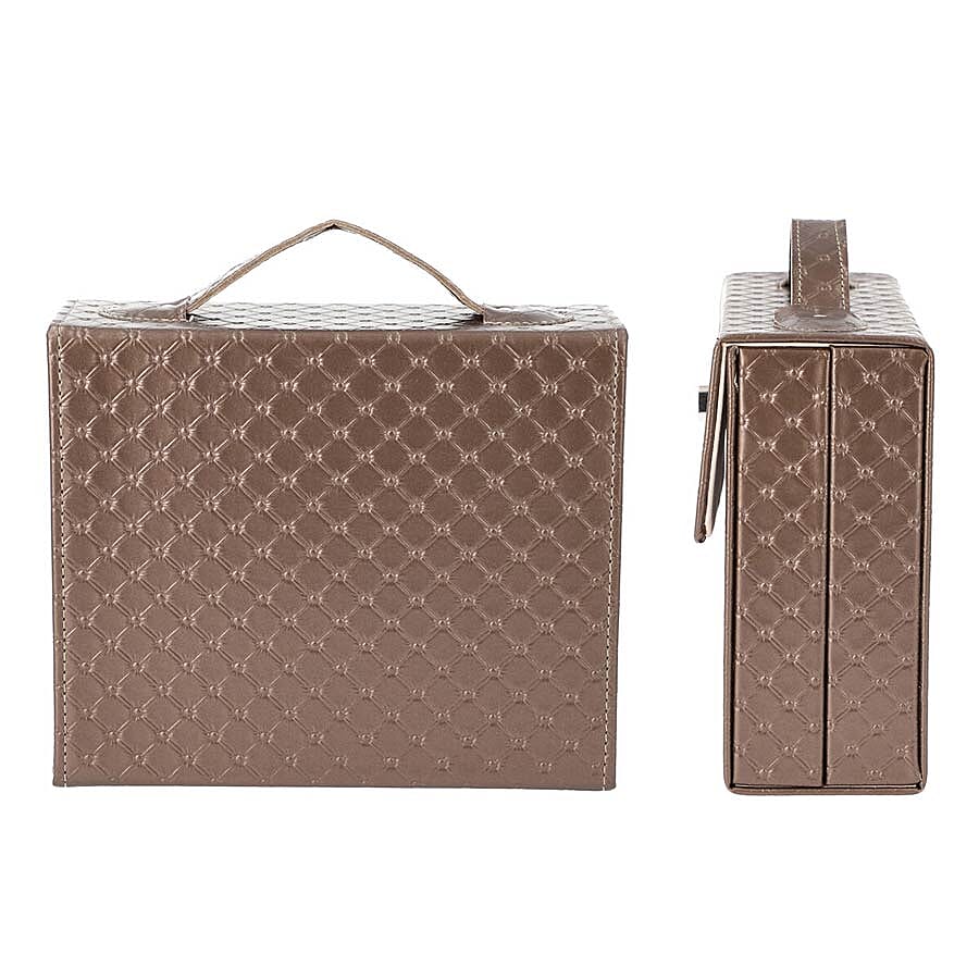 Embossed Quilted Pattern Handbag Style Anti-Tarnish Jewellery Organizer with Inside Mirror and Oval Twist Lock (Size- 22X7.5X18 cm) - Dark Chocolate Colour