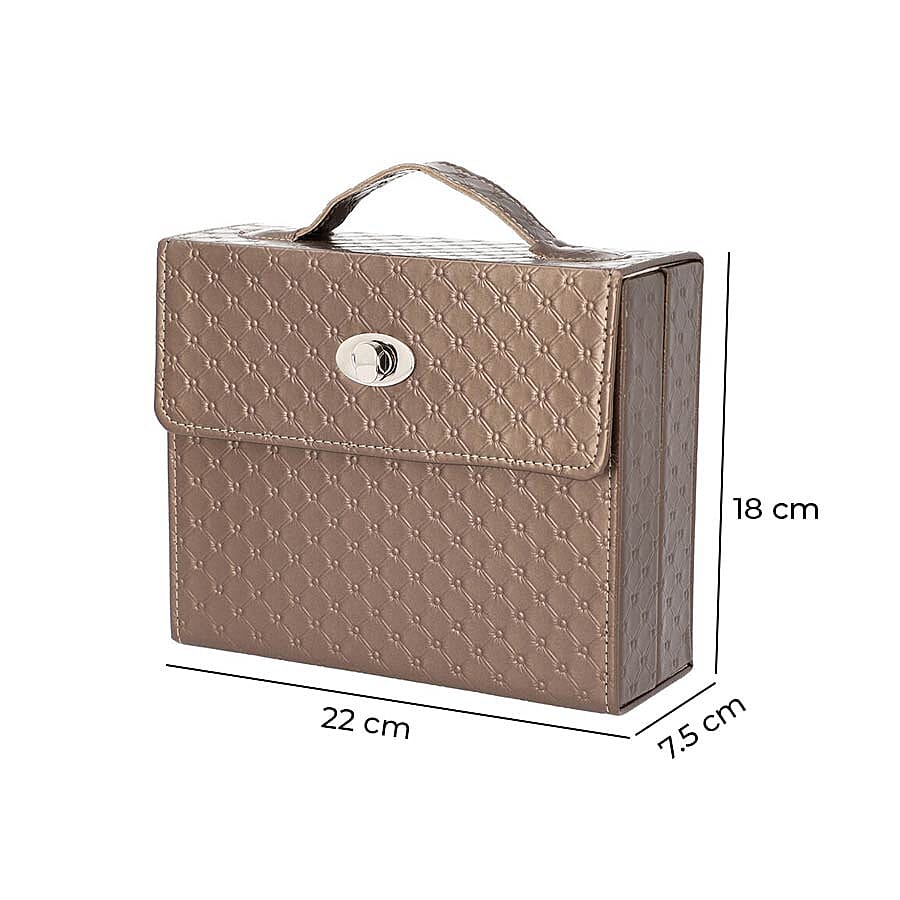 Embossed Quilted Pattern Handbag Style Anti-Tarnish Jewellery Organizer with Inside Mirror and Oval Twist Lock (Size- 22X7.5X18 cm) - Dark Chocolate Colour