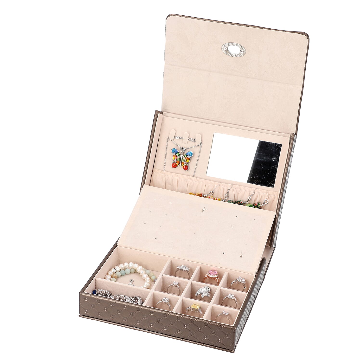 Embossed Quilted Pattern Handbag Style Anti-Tarnish Jewellery Organizer with Inside Mirror and Oval Twist Lock (Size- 22X7.5X18 cm) - Dark Chocolate Colour