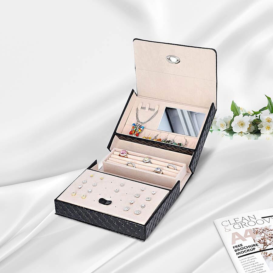 Embossed Quilted Pattern Handbag Style Anti-Tarnish Jewellery Organizer with Inside Mirror and Oval Twist Lock (Size- 22X7.5X18 cm) - Black