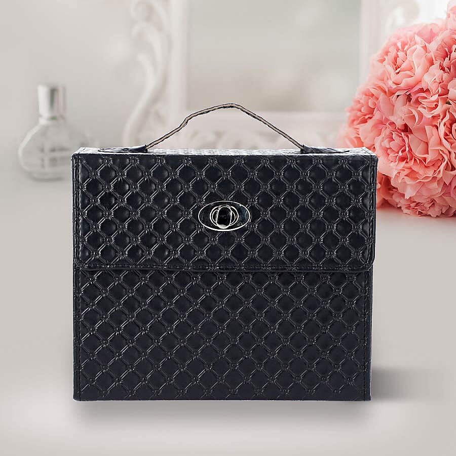 Embossed Quilted Pattern Handbag Style Anti-Tarnish Jewellery Organizer with Inside Mirror and Oval Twist Lock (Size- 22X7.5X18 cm) - Black