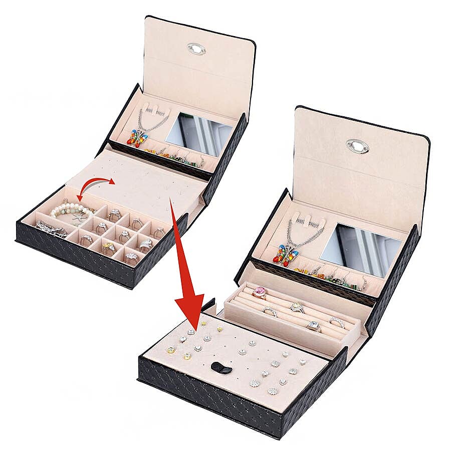 Embossed Quilted Pattern Handbag Style Anti-Tarnish Jewellery Organizer with Inside Mirror and Oval Twist Lock (Size- 22X7.5X18 cm) - Black