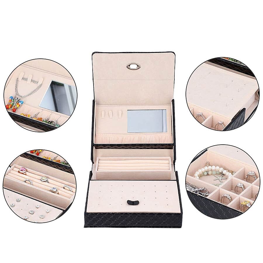 Embossed Quilted Pattern Handbag Style Anti-Tarnish Jewellery Organizer with Inside Mirror and Oval Twist Lock (Size- 22X7.5X18 cm) - Black