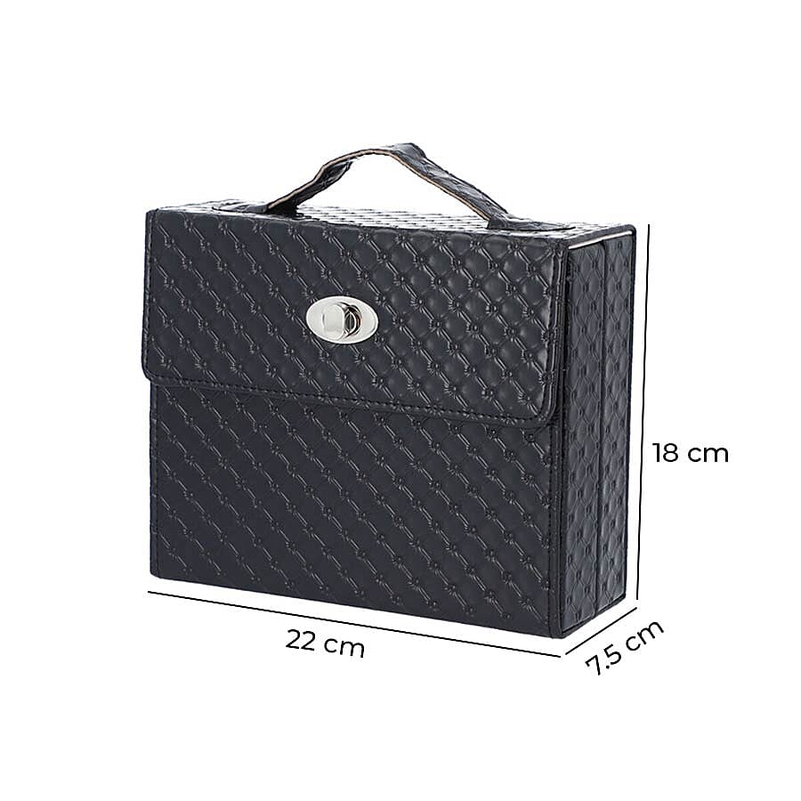 Embossed Quilted Pattern Handbag Style Anti-Tarnish Jewellery Organizer with Inside Mirror and Oval Twist Lock (Size- 22X7.5X18 cm) - Black