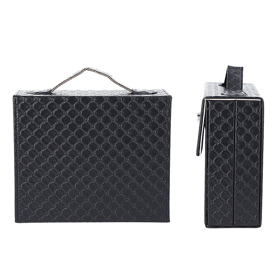 Embossed Quilted Pattern Handbag Style Anti-Tarnish Jewellery Organizer with Inside Mirror and Oval Twist Lock (Size- 22X7.5X18 cm) - Black