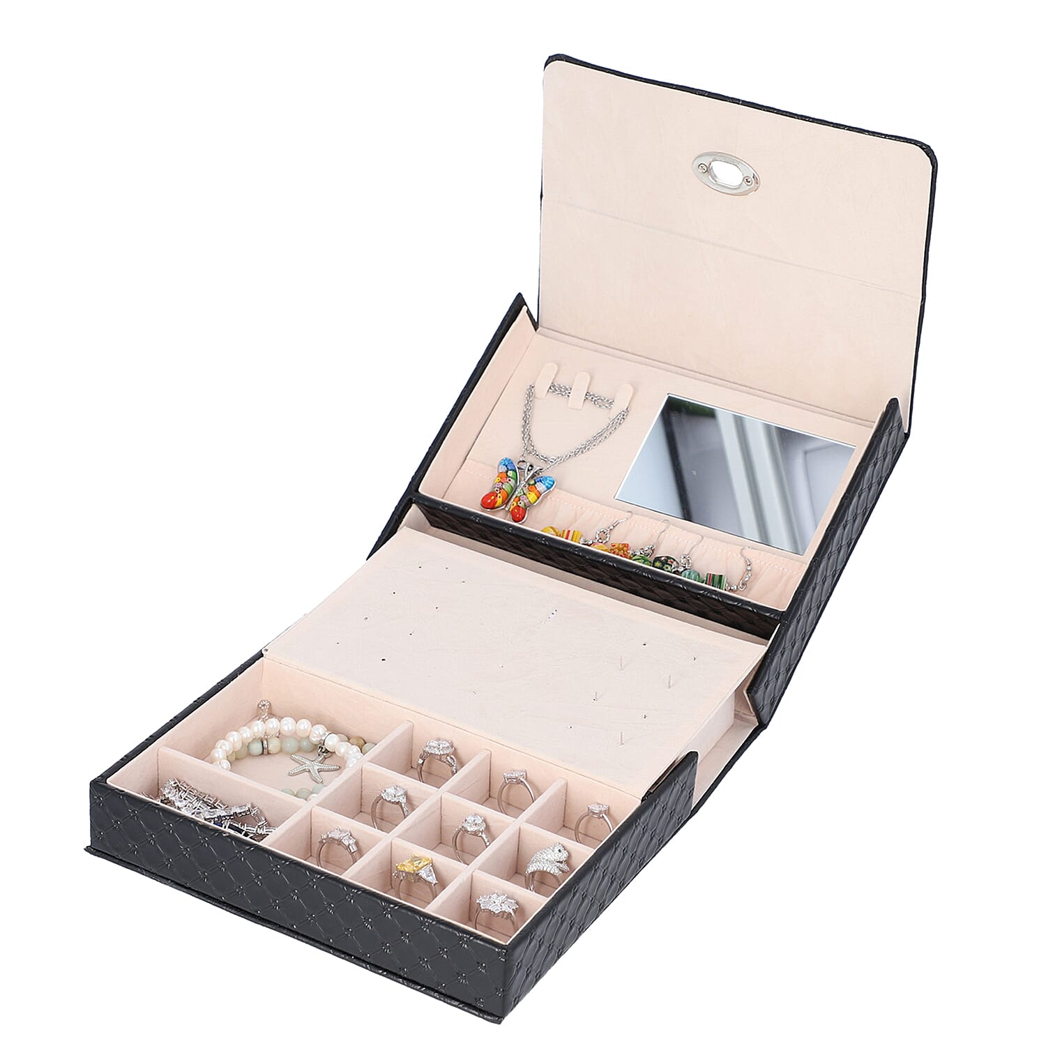 Embossed Quilted Pattern Handbag Style Anti-Tarnish Jewellery Organizer with Inside Mirror and Oval Twist Lock (Size- 22X7.5X18 cm) - Black