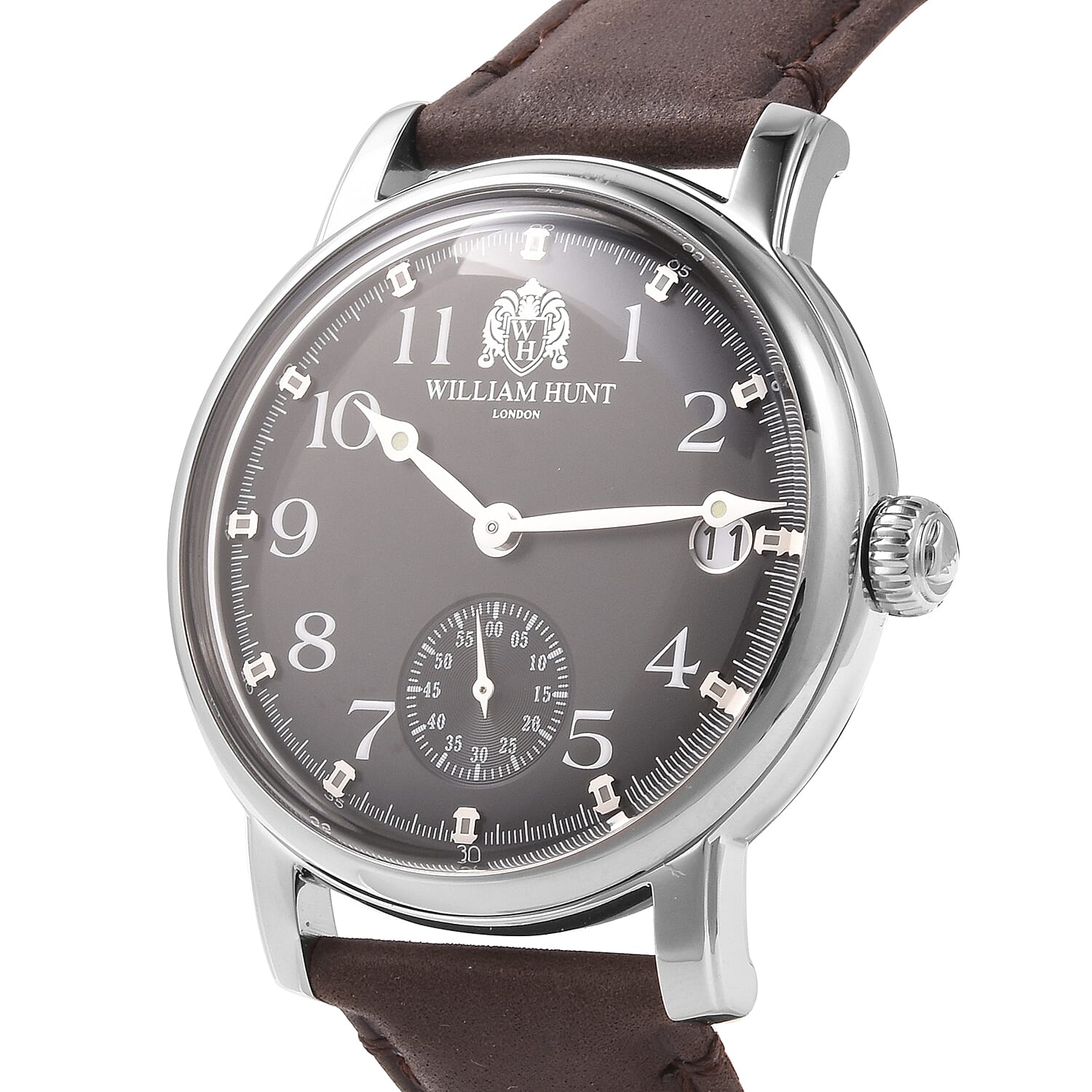 WILLIAM HUNT Japanese Movement Water Resistance Watch in Stainless Steel with Dark Brown Leather Strap