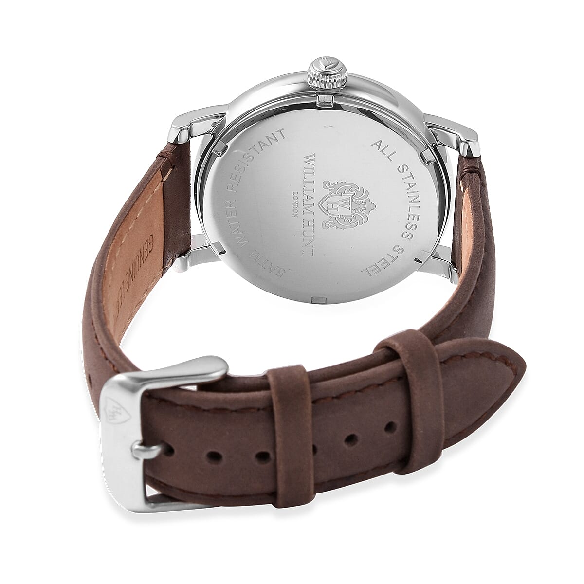 WILLIAM HUNT Japanese Movement Water Resistance Watch in Stainless Steel with Dark Brown Leather Strap