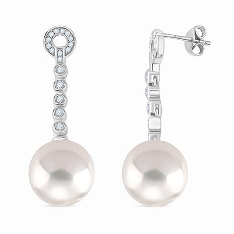 Designer Inspired - Edison Pearl & Natural White Cambodian Zircon Dangle Earrings with Push Back in Rhodium Overlay Sterling Silver 25.26 Ct.
