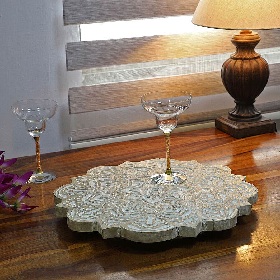 NAKKASHI - Saharanpur Collection - Hand Carved Lazy Susan Solid Wood Rotating Tray. Sun Shape