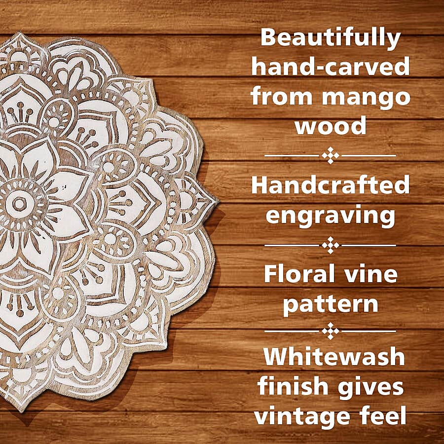 NAKKASHI - Saharanpur Collection - Hand Carved Lazy Susan Solid Wood Rotating Tray. Sun Shape
